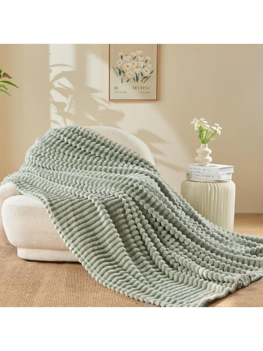 Cozy Sage Green Ribbed Throw Blanket | Soft Silky Flannel Fleece | All Season